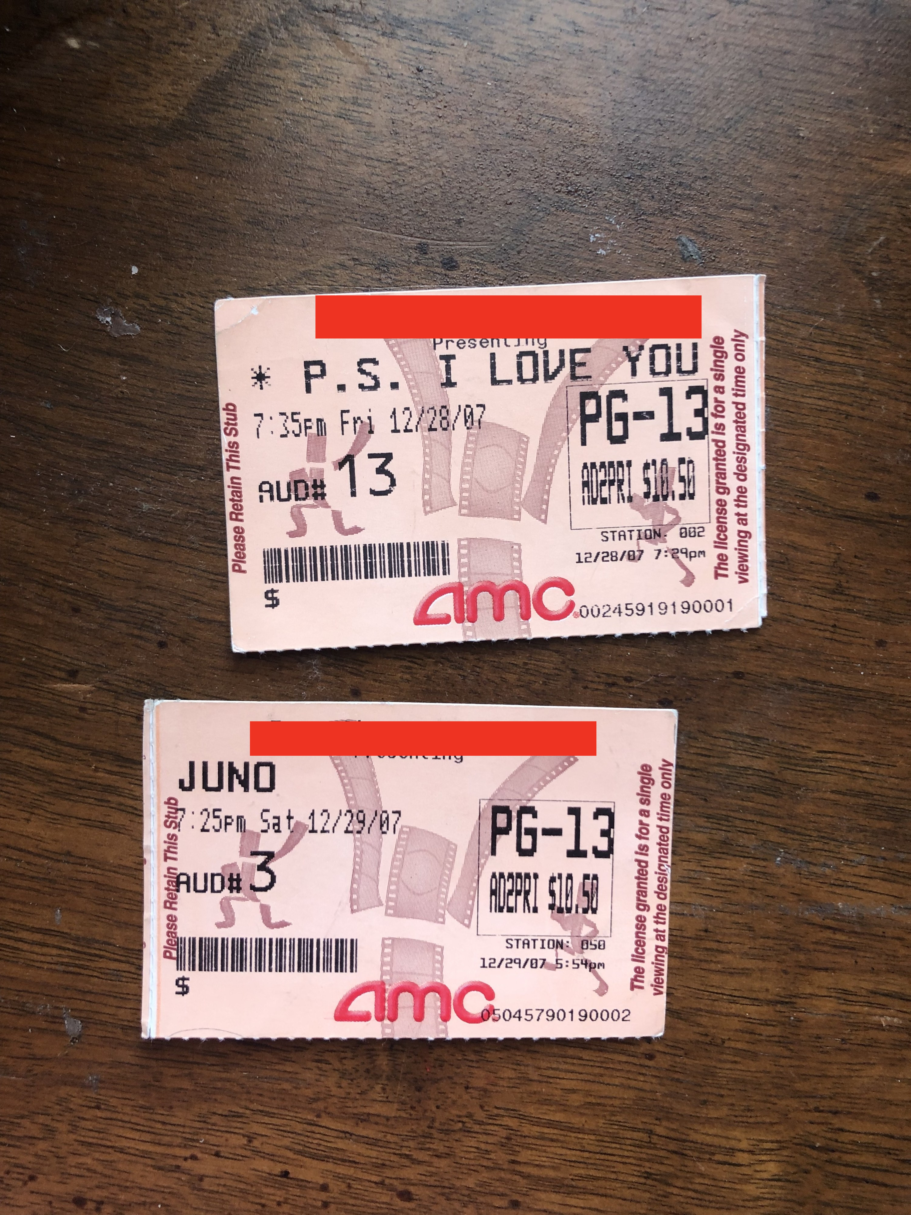 &quot;Juno&quot; and P.S. I Love You&quot; ticket stubs laying next to each other