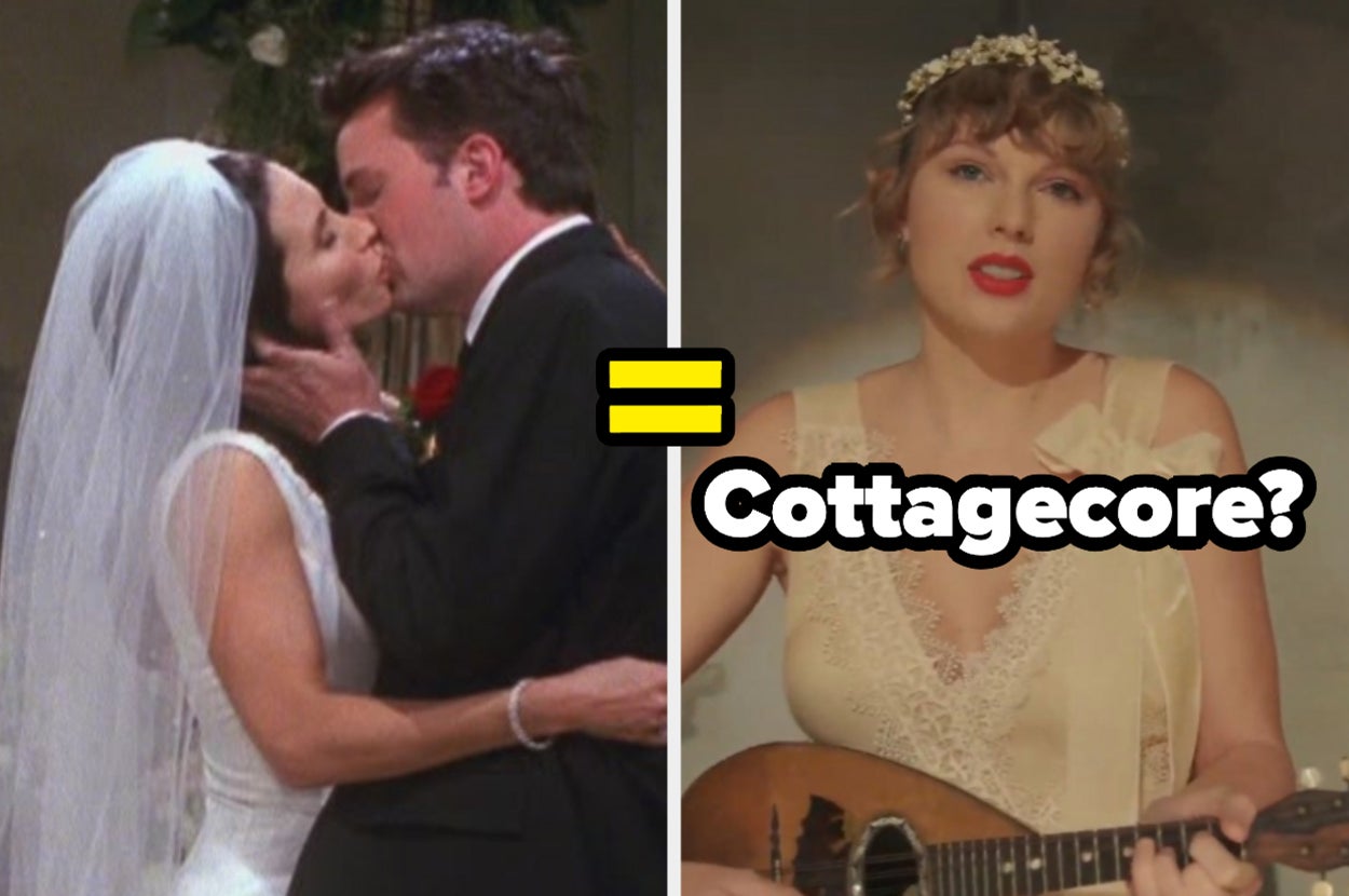 Chandler kisses Monica as they're wed and Taylor Swift, wearing a lace gown and matching flower crown, plays a small guitar