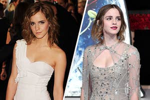 Emma Watson wears a one shoulder gown and Emma Watson wears a bedazzled gown under a matching shawl