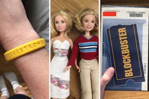 Livestrong bracelet; Mary-Kate and Ashley Olsen dolls; a Blockbuster video from the late '90s