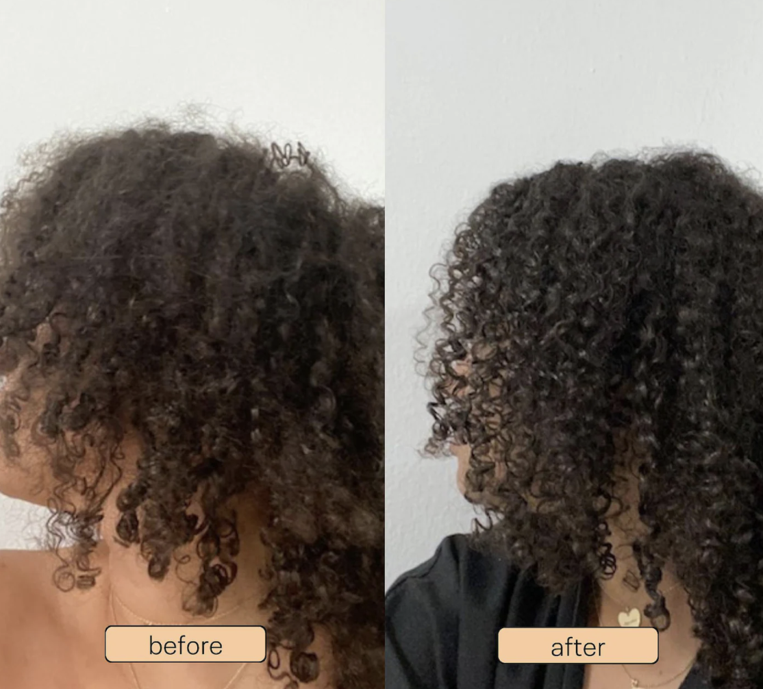 product user with curly hair before and after using the cream, the after with more defined curls