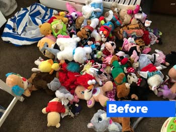Reviewer's before photo showing a pile of stuffed animals in a messy room