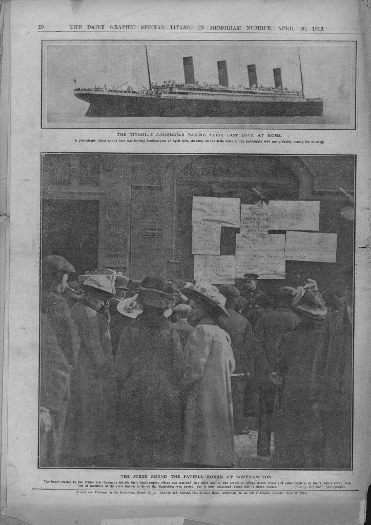 The Titanic, and people gathered in the street waiting to hear who survived