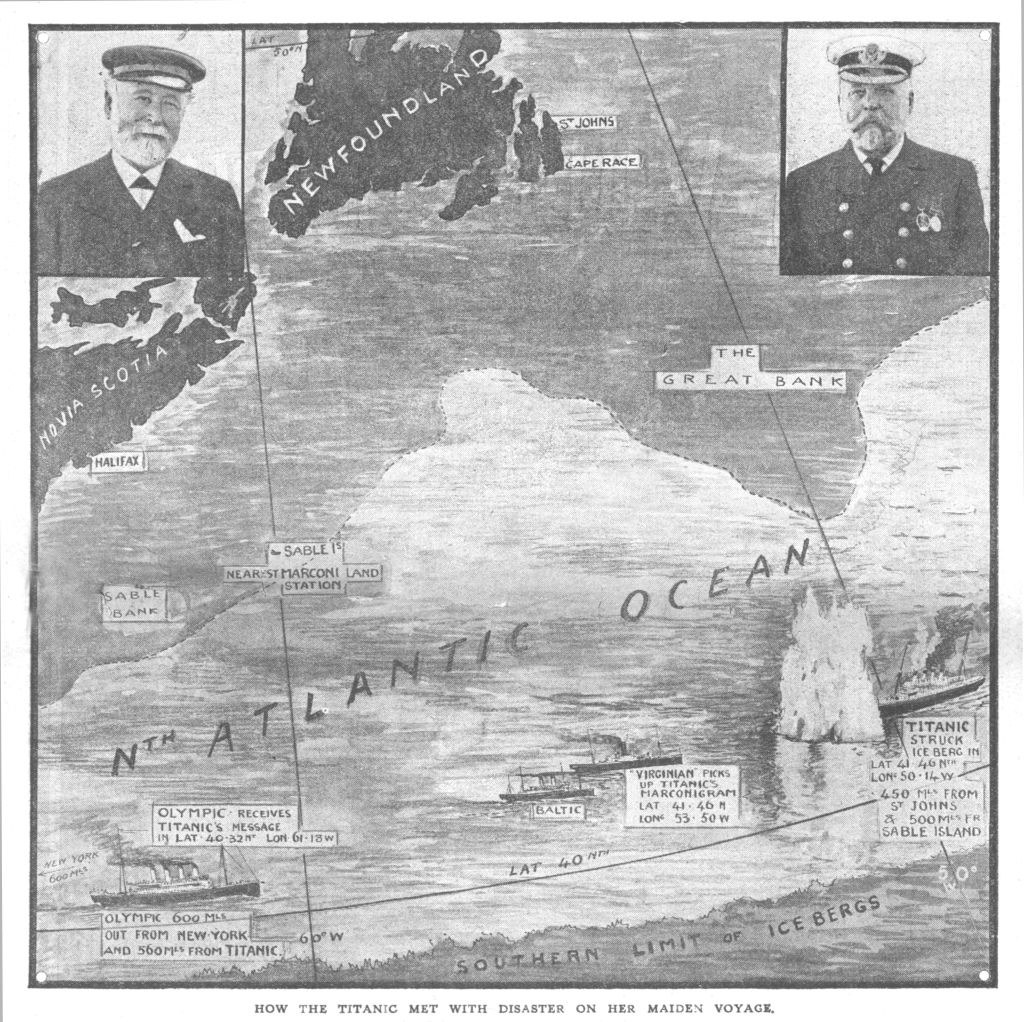 A map that outlines all the important places involved in the Titanic&#x27;s sinking