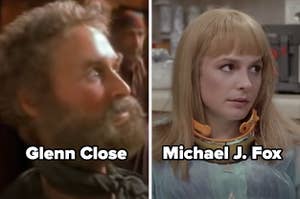 Glenn Close as a pirate in Hook and Michael J. Fox as his daughter in Back to the Future Part II