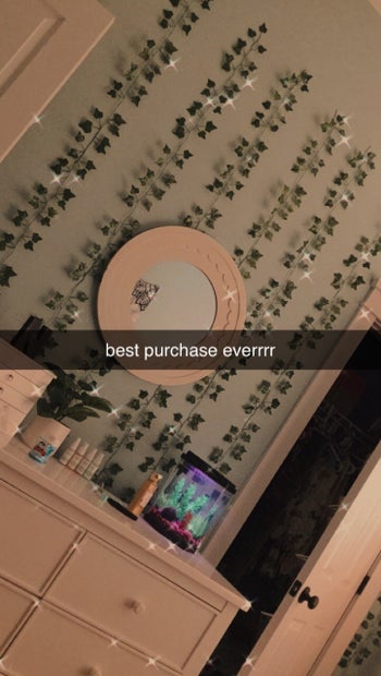 Reviewer's photo showing the fake ivy leaves used to decorate the wall behind a dresser and a mirror