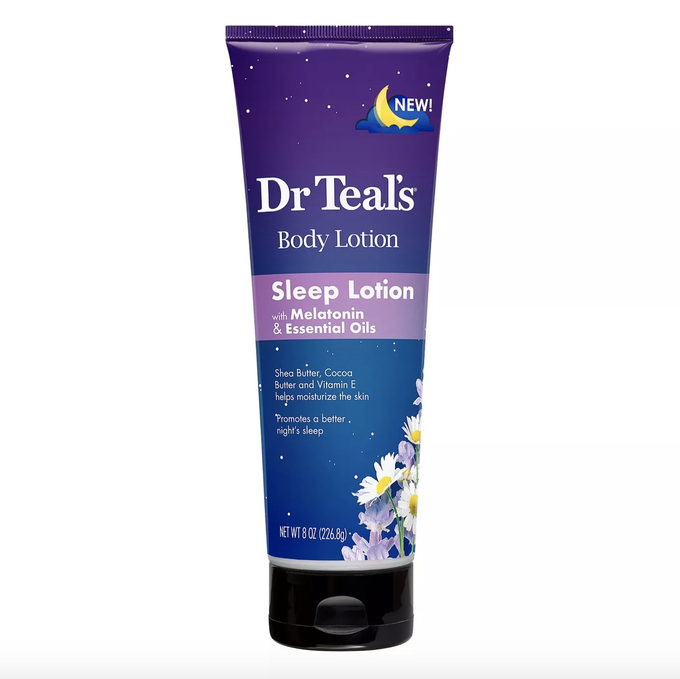 The purple to blue ombre bottle with stars and flowers says &quot;Dr Teal&#x27;s Body Lotion&quot; and says &quot;Sleep Lotion with Melatonin &amp;amp; Essential Oils&quot; in a purple banner below