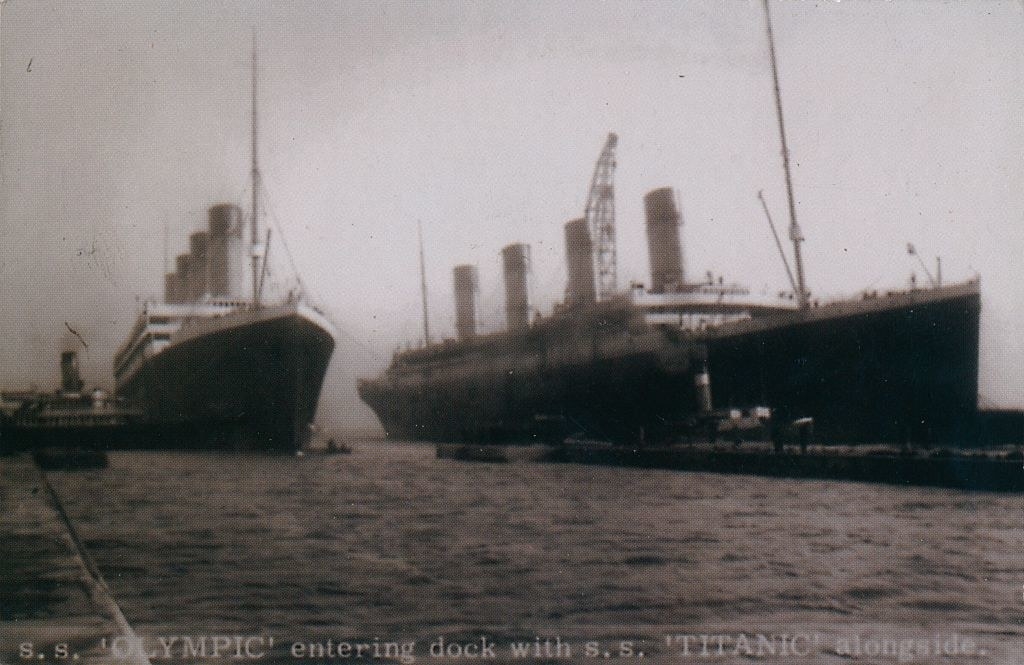 The Olympic and the Titanic at a dock