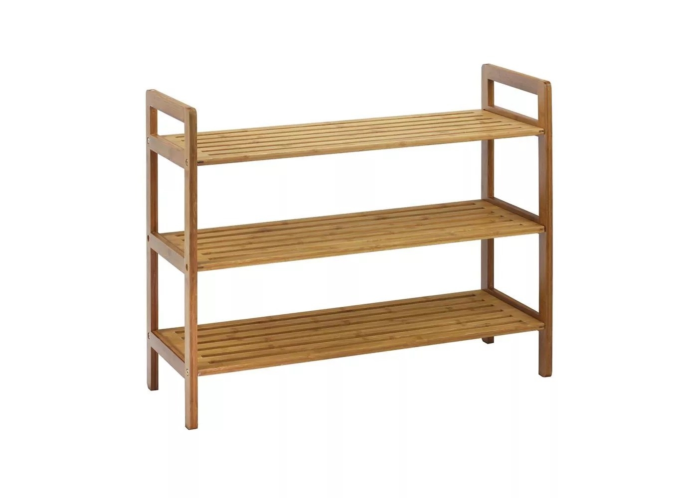 A three-tiered bamboo shoe rack.