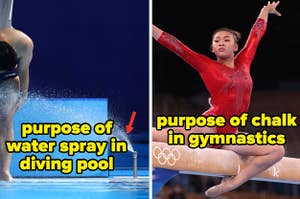 What's the purpose of water spray in the diving pool and the purpose of chalk in gymnastics