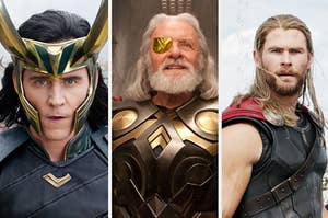 Tom Hiddleston as Loki, Anthony Hopkins as Odin, Chris Hemsworth as Thor