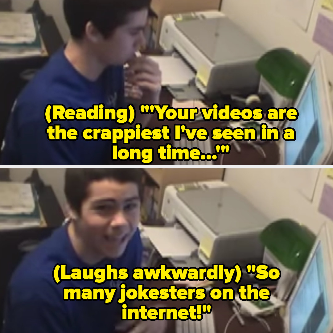 Dylan reading &quot;your videos are the crappiest I&#x27;ve seen in a long time&quot; then laughing awkwardly and saying &quot;so many jokesters on the internet!&quot;