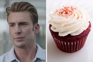 On the left, Chris Evans as Steve Rogers in "Endgame," and on the right, a red velvet cupcake