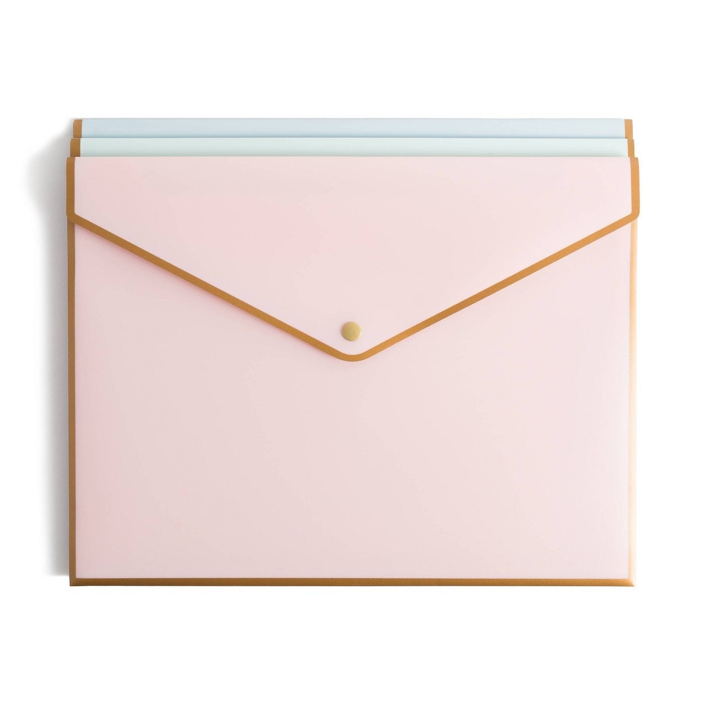 three pastel colored document holders with snap closure