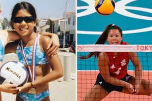 Justine Wong-Orantes as a kid playing beach volleyball and as an adult playing at the olympics
