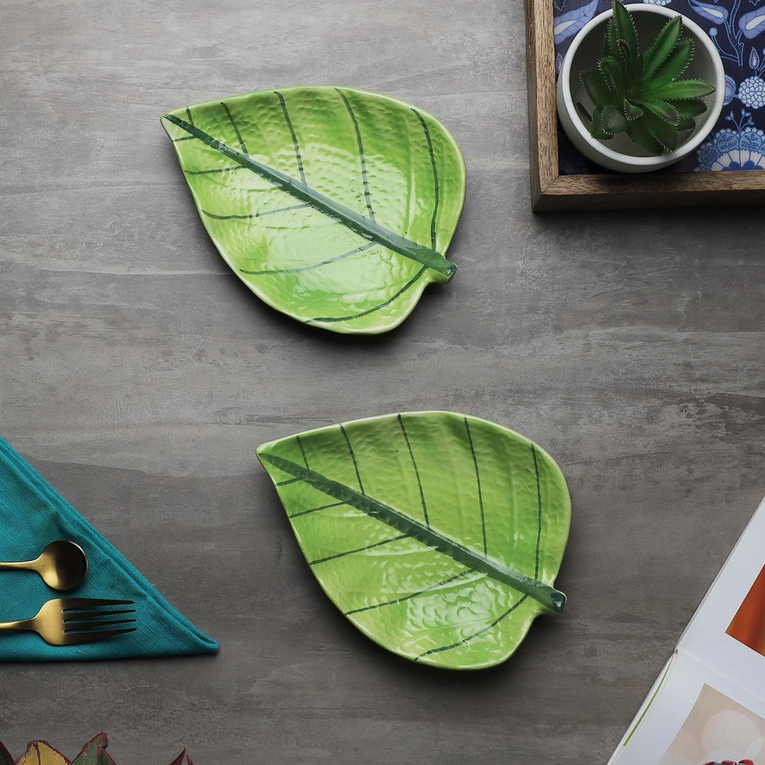 Leaf-shaped plates on a table
