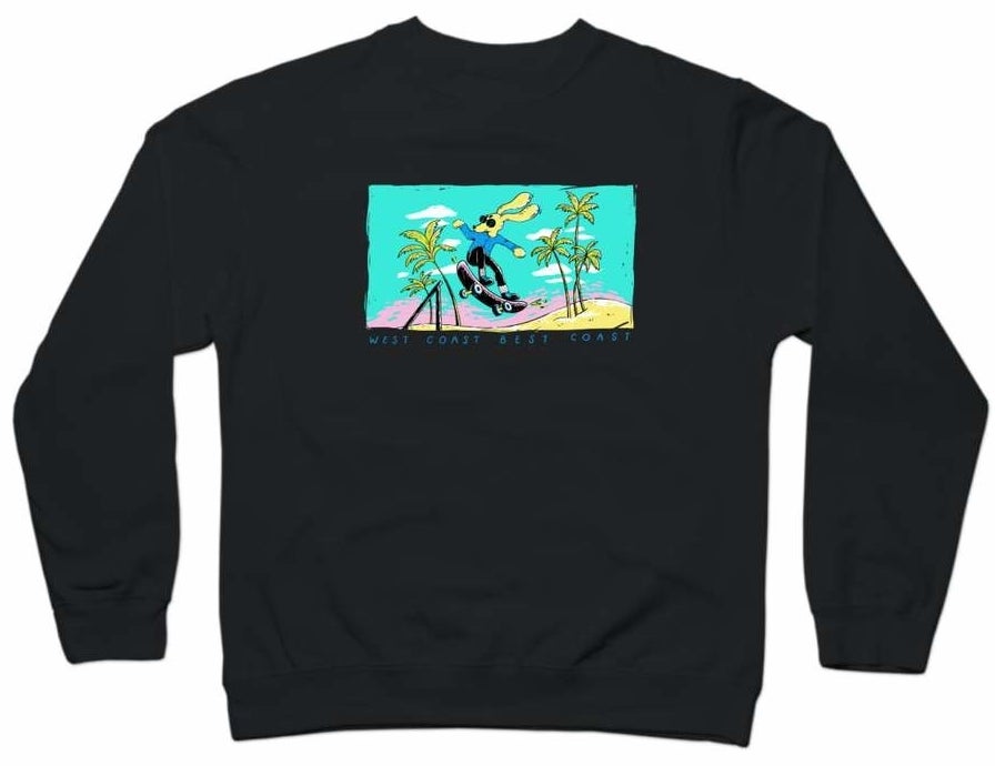 Black sweatshirt with a graphic of a skateboarding yellow dog and lettering that says &quot;west coast best coast&quot;