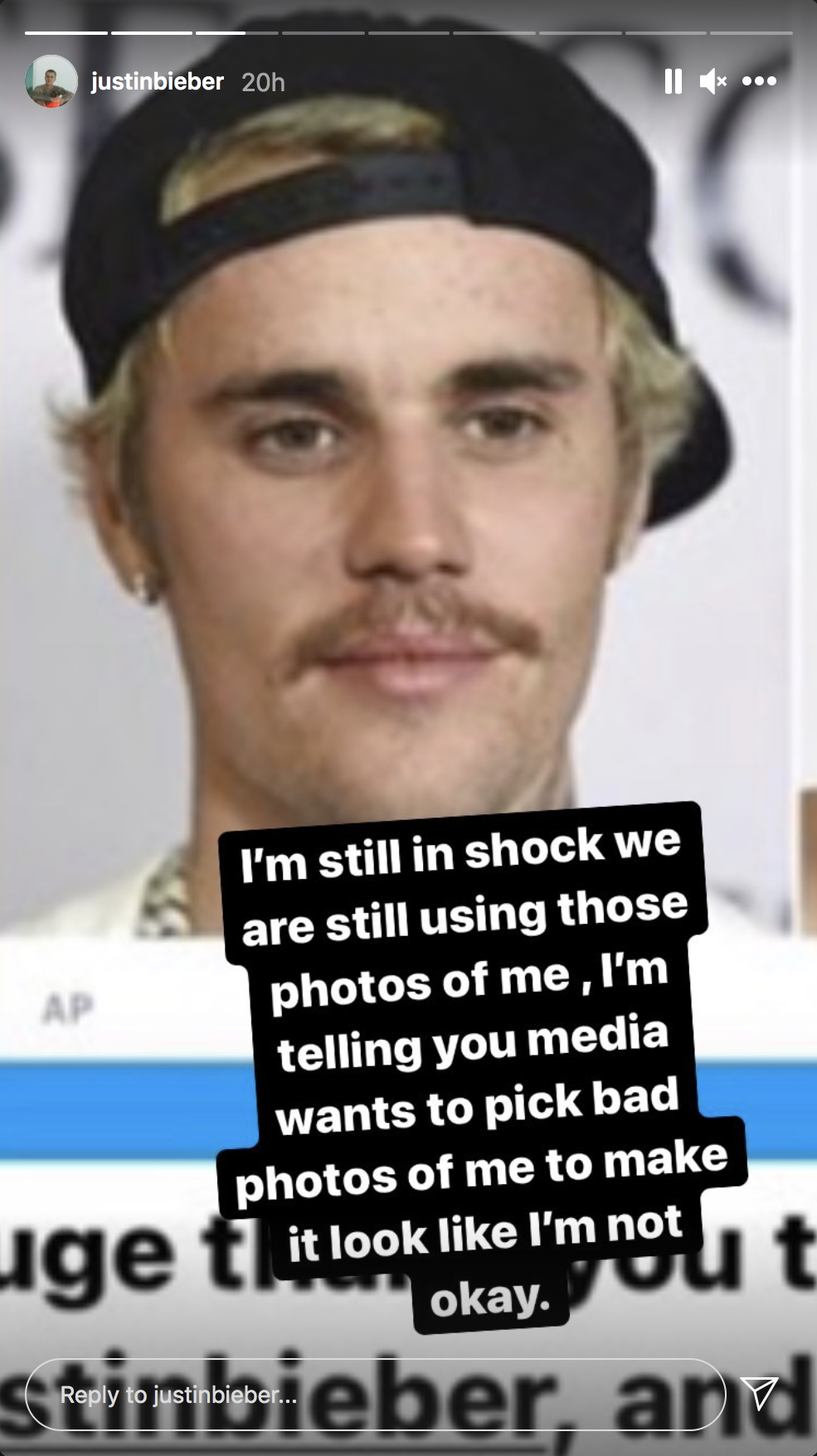 A screenshot taken from Justin Bieber&#x27;s latest Instagram Story