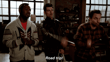 three male leads of &quot;new girl&quot; saying &quot;road trip!&quot;