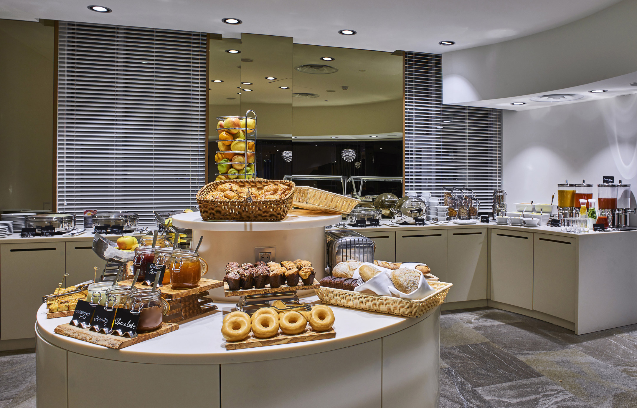 A continental breakfast bar at a hotel