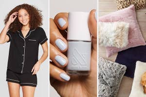 a person in black short pajamas; a bottle of gray nail polish; some faux fur pillows