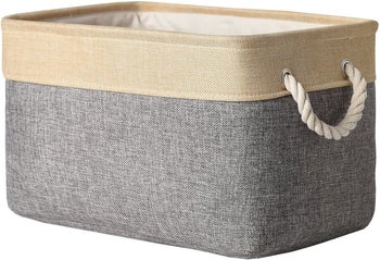 The storage bin in beige and grey