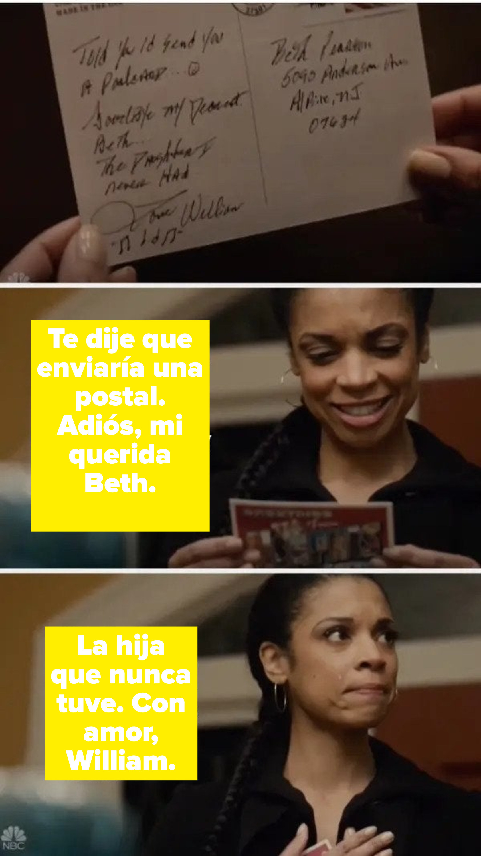 Beth reads William's postcard that says goodbye and calls her the daughter he never had and smiles