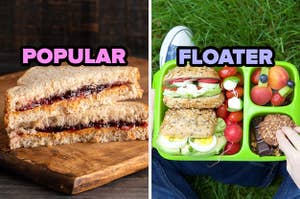 On the left a peanut butter and jelly sandwich labeled "popular," and on the right, a lunch box with a sandwich and tomato skewer sandwich, a section with fruits, and a cookie section labeled "floater"