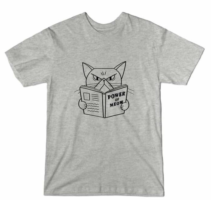 The gray shirt with black decoration depicting a cat reading a book that says &quot;Power of Meow&quot;