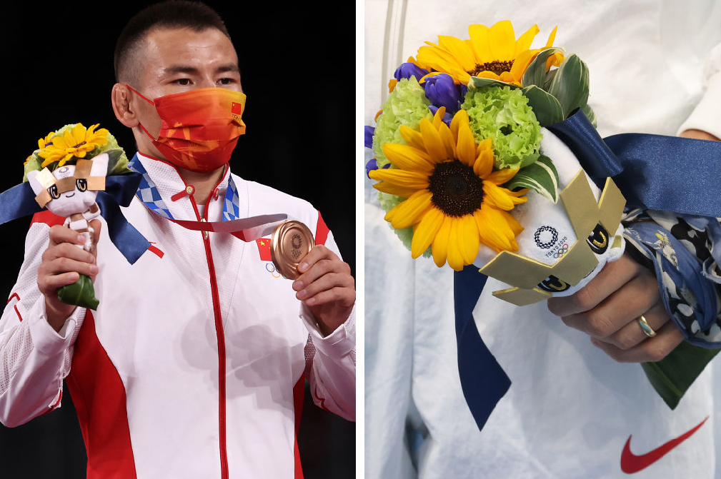 Left: An Olympic athlete poses with their medal and flowers during a victory ceremony; Right: A closeup of a hand holding the Olympic flower bouquet