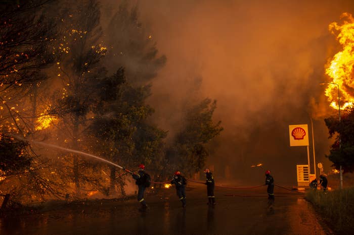 Firefighters spraying water into a line of trees engulfed in flames on the opposite side of the street from a Shell gas station