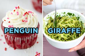 On the left, a red velvet cupcake topped with cream cheese frosting and sprinkles labeled "penguin," and on the right, some spaghetti with pesto labeled "giraffe"