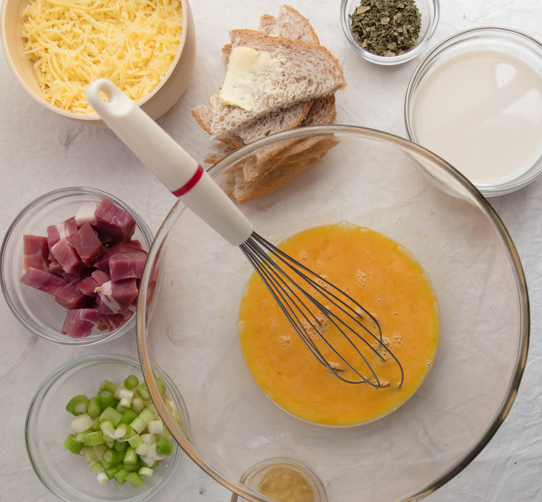 Mise en place omelette ingredients.