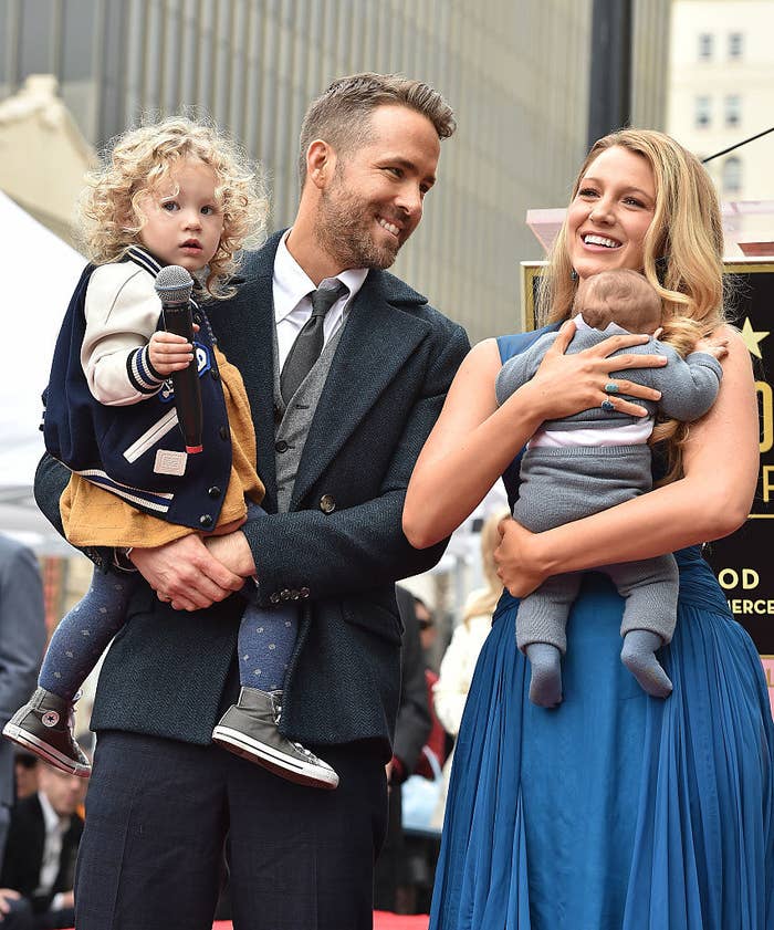 Ryan Reynolds and Blake Lively holding their daughters James and Ines at Ryan&#x27;s Hollywood Walk of Fame ceremony
