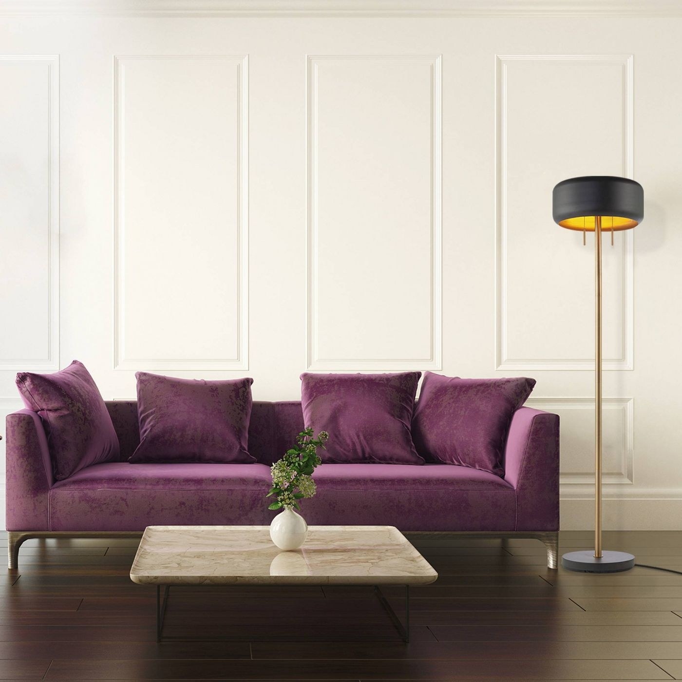 the floor lamp next to a purple velvet couch
