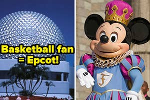 epcot ball next to mickey mouse dressed as a king
