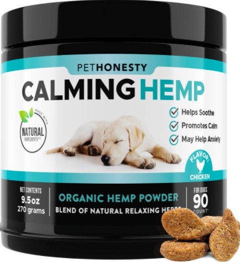 The container of calming chicken-flavored hemp treats