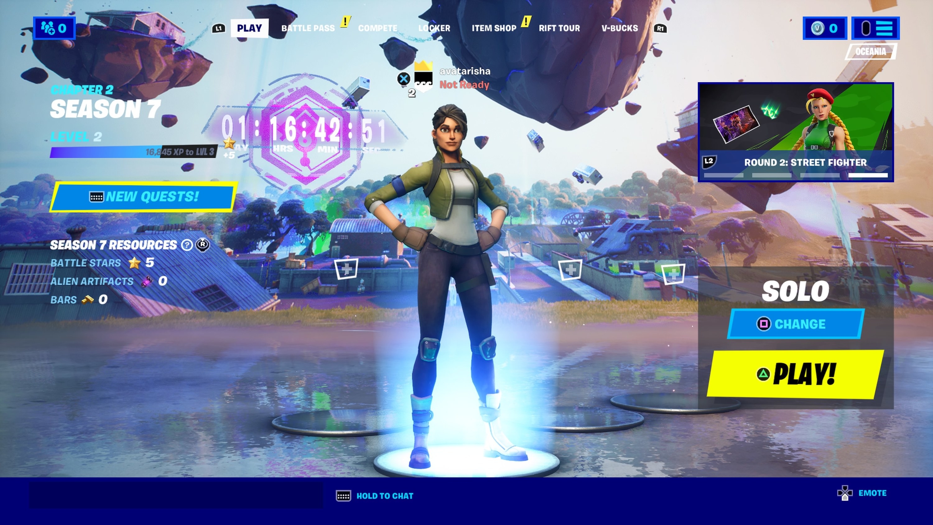 The Fortnite character screen seen before a player heads into a game; you can see the Fortnite character and their stats