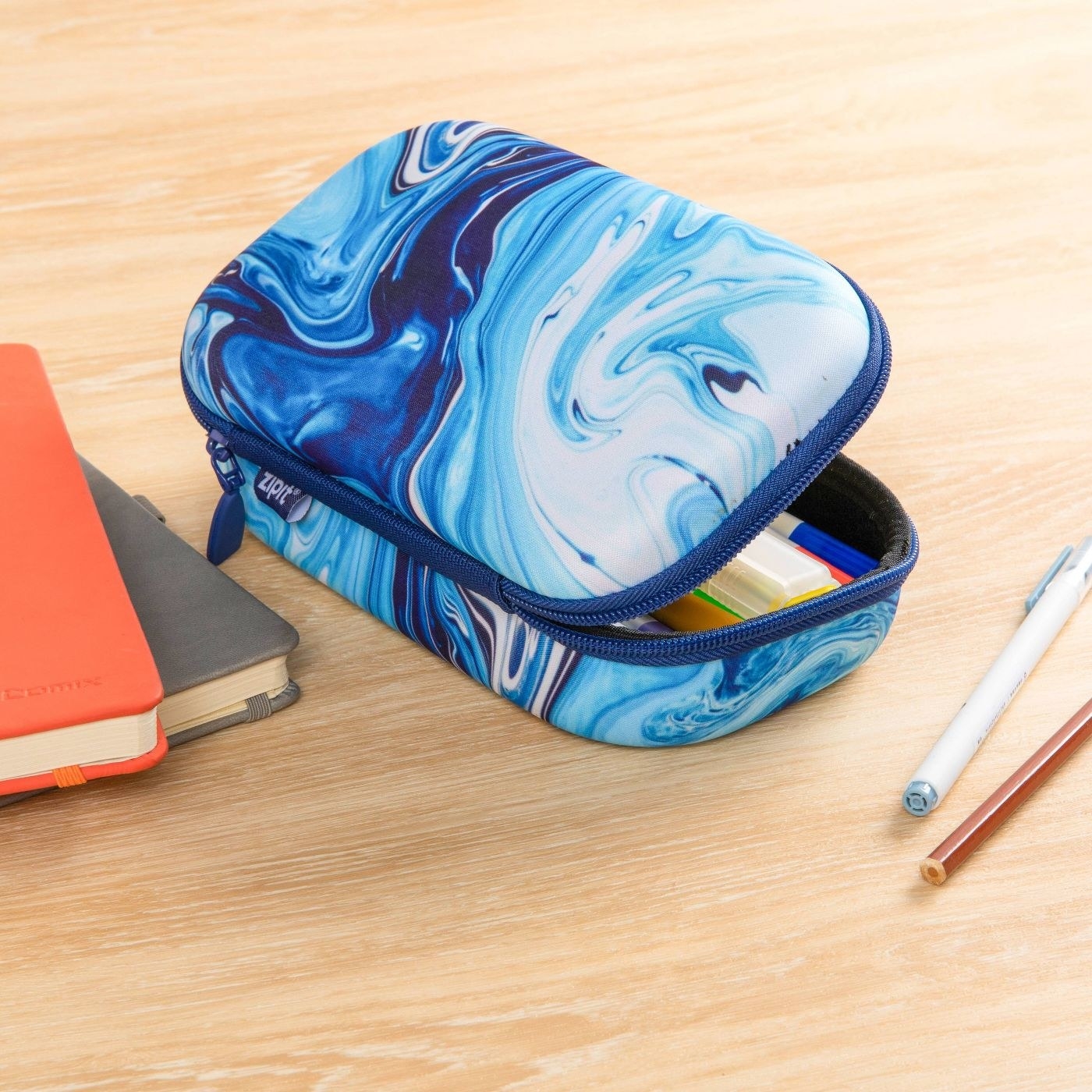 blue rectangular pencil case with zipper closure