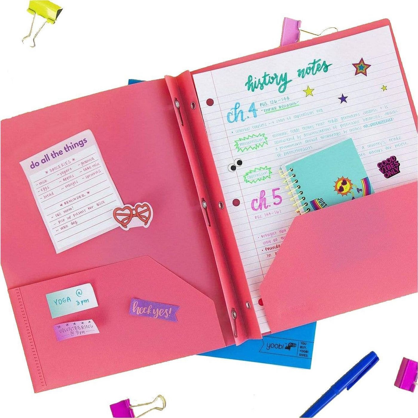 pink two pocket plastic folder with prong fasteners holding papers inside
