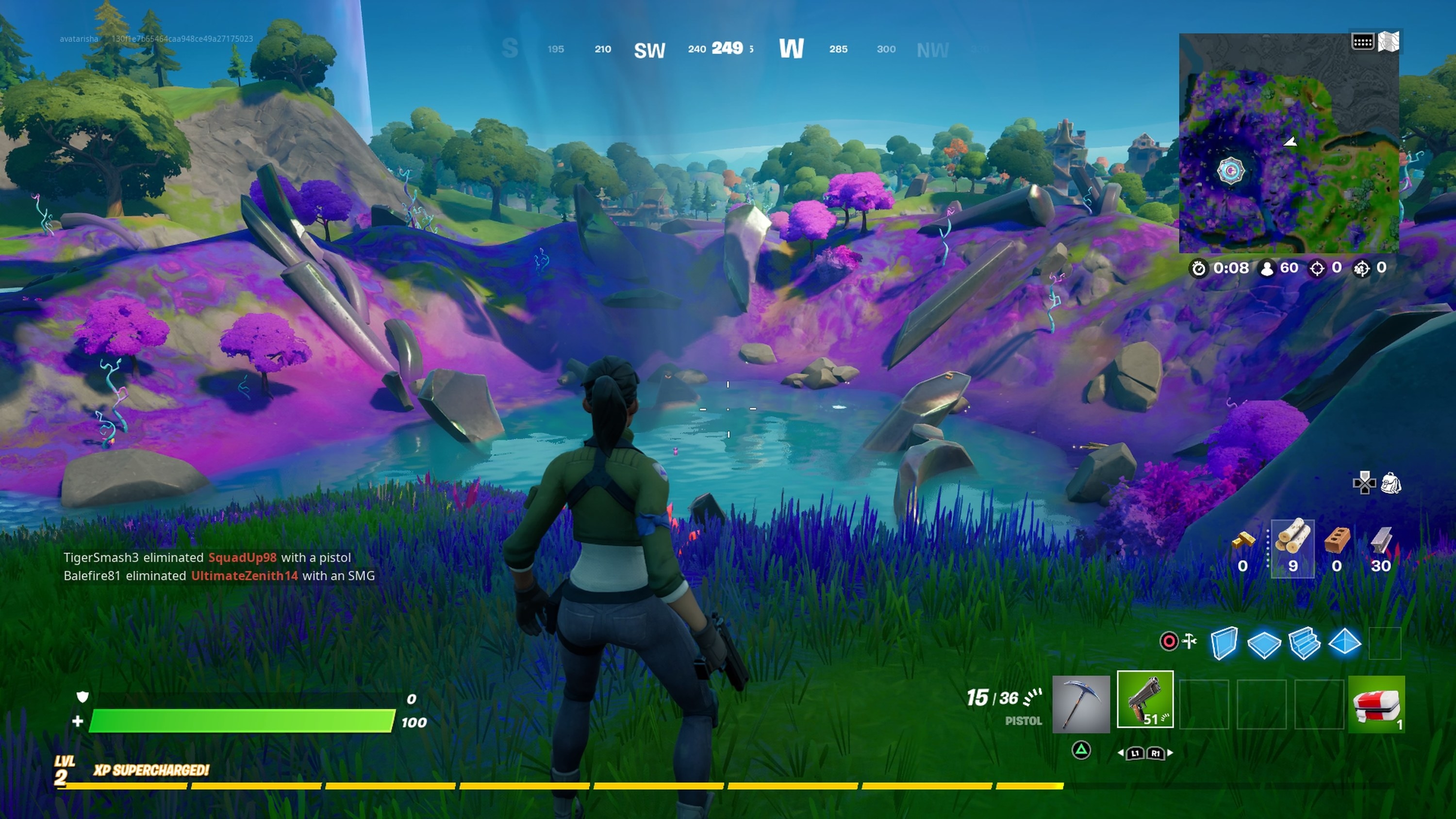 A Fortnite character standing in a grassy field; they are overlooking a lake that has purple-pink trees surrounding it