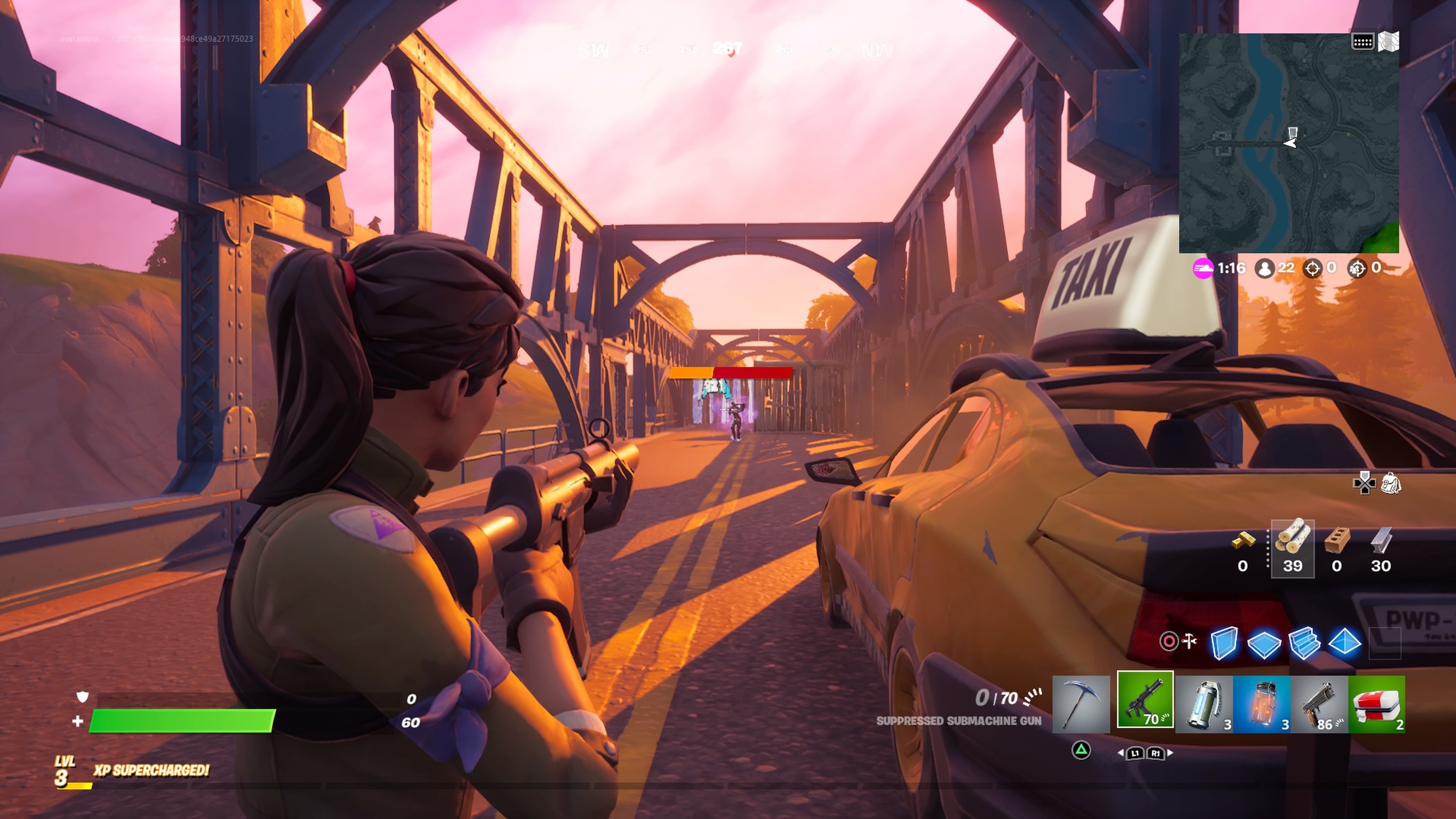 A Fortnite character standing on a bridge; they are aiming their gun at another player in the distance