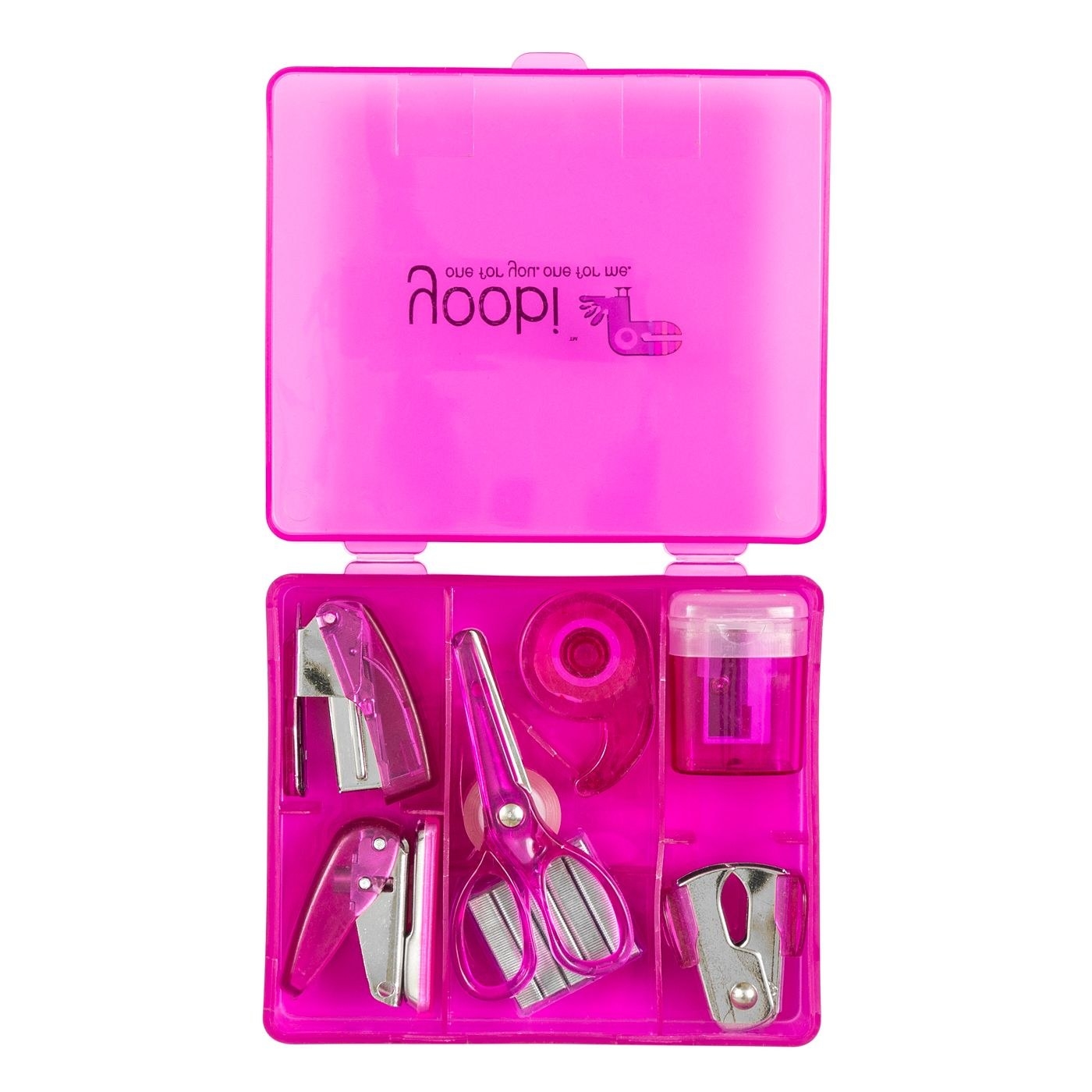 pink mini office supply set with case, staplers, scissors, tape, pencil sharpener, staple remover