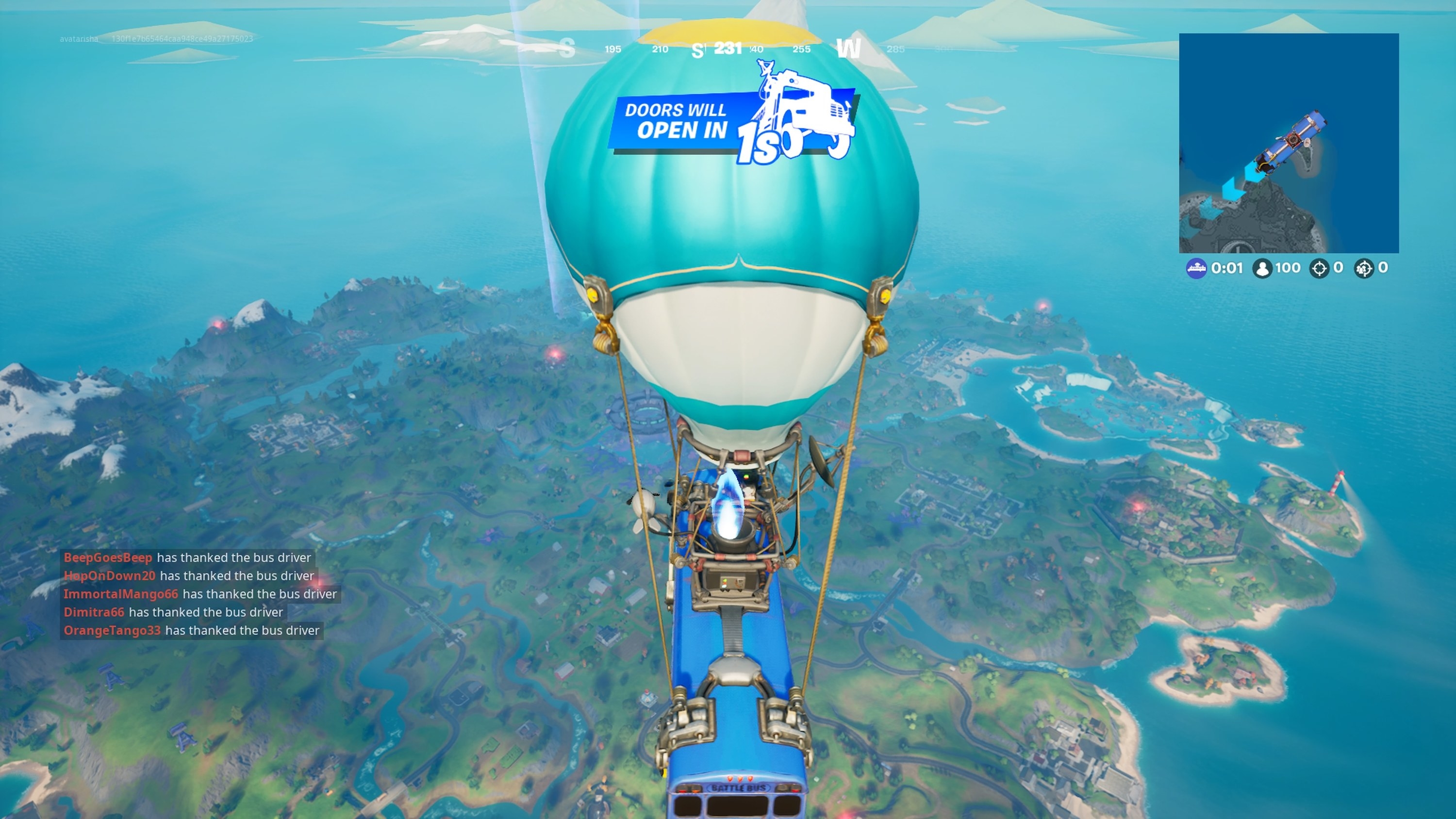 The Battle Bus in Fortnite; there is text to the side showing players thanking the bus driver