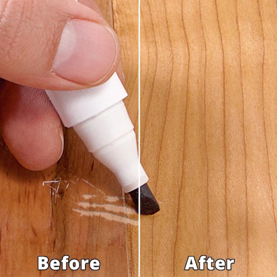 Before and after of marker being used on wood