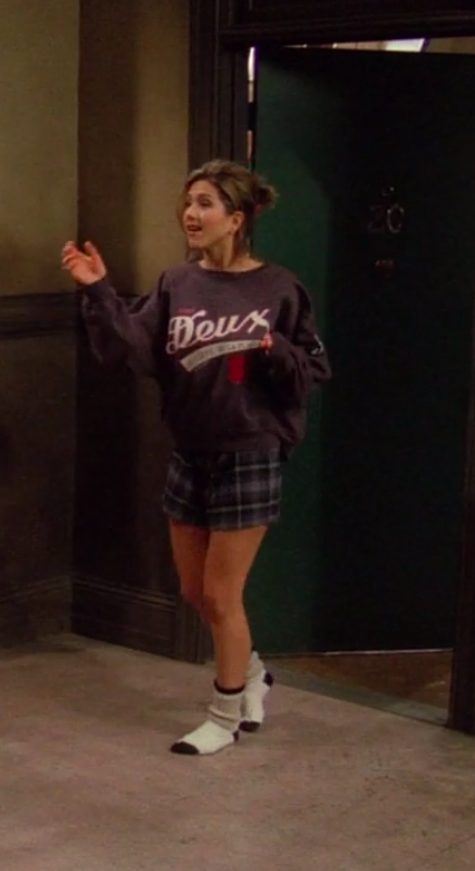 Rachel wearing socks, boxers, and a sweatshirt