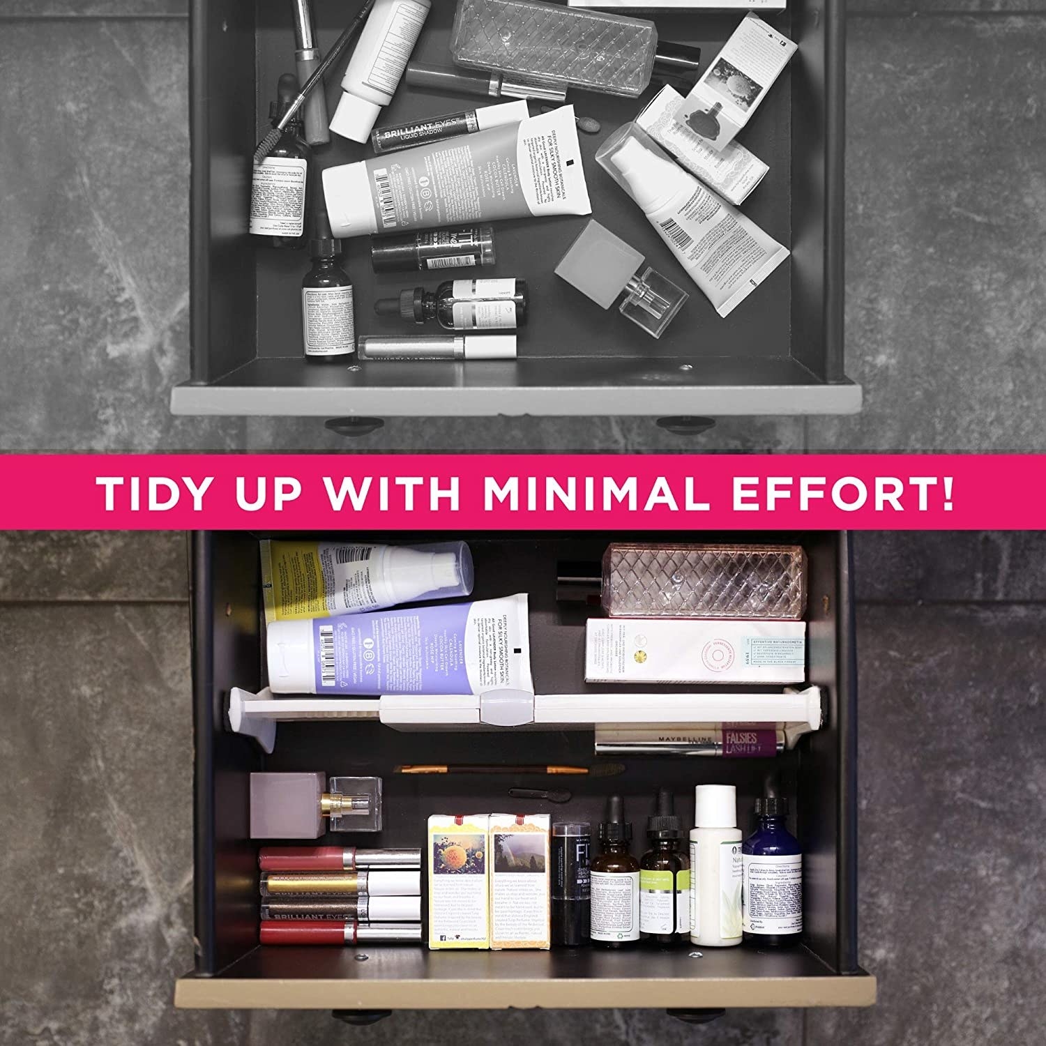 The same drawer shown before and after being organised with adjustable drawer dividers - filled with makeup products.