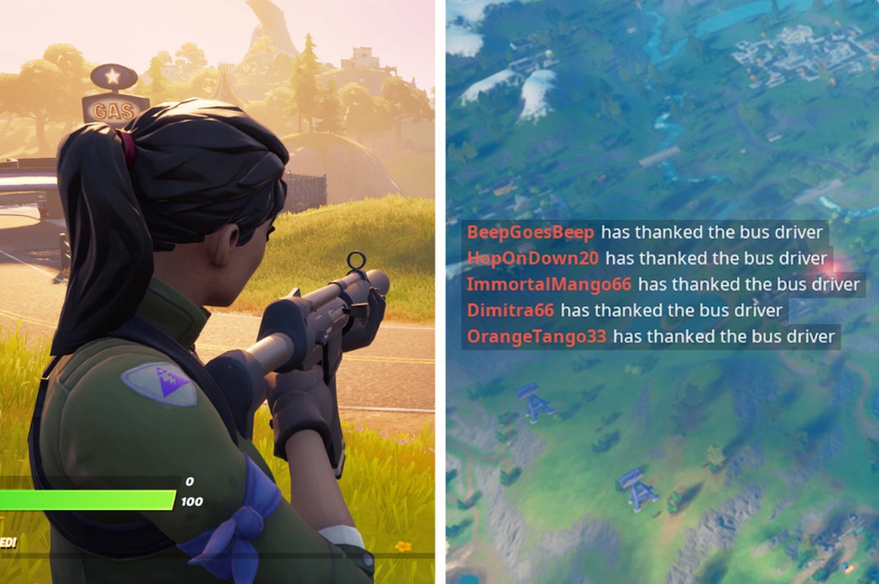 Left: A Fortnite character aiming their gun; Right: Fortnite players thanking the bus driver