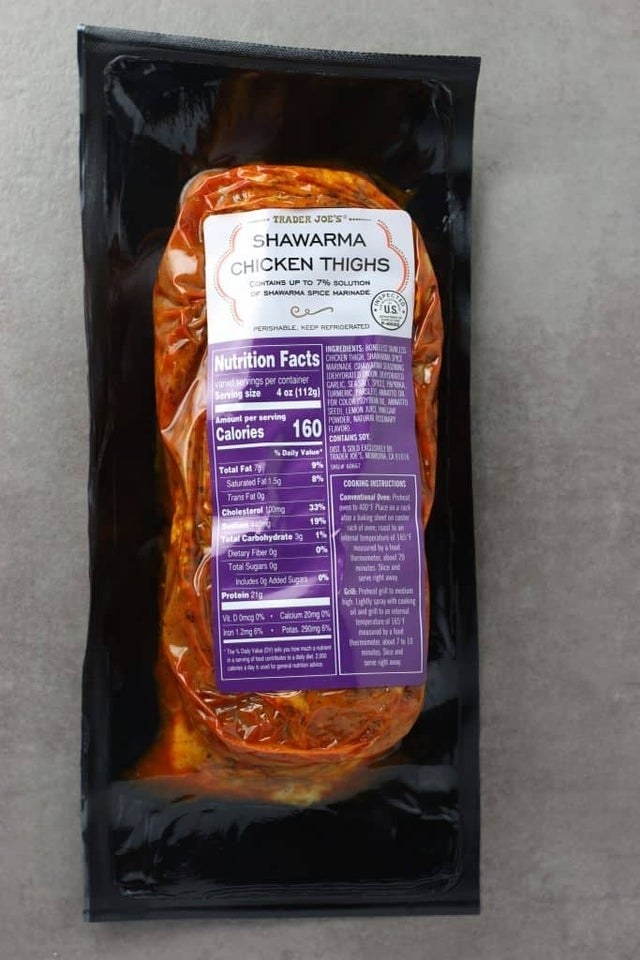 A package of Trader Joe&#x27;s marinated chicken shawarma.