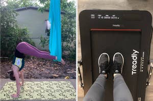 on left, reviewer holds pike while using a blue aerial yoga hammock outdoors. on right, BuzzFeed editor Genevieve Scarano stands on foldable Treadly 2 Pro treadmill